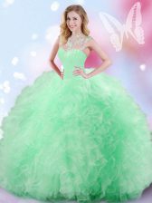 On Sale Apple Green Tulle Zipper Quinceanera Gown Sleeveless Floor Length Beading and Ruffles and Sequins