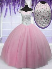 Designer Off the Shoulder Tulle Short Sleeves Floor Length Quinceanera Gown and Beading