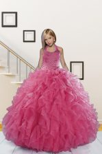 Glorious Halter Top Sleeveless Organza Floor Length Lace Up Pageant Gowns For Girls in Pink with Beading and Ruffles