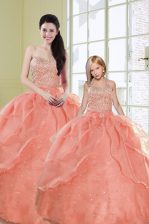 Beauteous Watermelon Red Sleeveless Beading and Sequins Floor Length Ball Gown Prom Dress