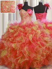  One Shoulder Handcrafted Flower Multi-color Lace Up 15 Quinceanera Dress Beading and Ruffles and Hand Made Flower Sleeveless Floor Length