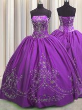  Eggplant Purple Sleeveless Embroidery Floor Length Quinceanera Dress