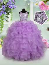  Lavender Ball Gowns Scoop Sleeveless Organza Floor Length Zipper Ruffles and Sequins Little Girl Pageant Dress