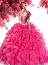 Great Hot Pink Organza Lace Up Sweet 16 Quinceanera Dress Sleeveless With Train Sweep Train Beading and Ruffles