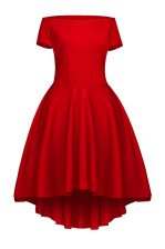 Superior Short Sleeves Tea Length Ruching Side Zipper Homecoming Dress with Wine Red