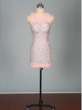 Trendy Pink Elastic Woven Satin Zipper Scoop Sleeveless Mini Length Prom Party Dress Beading
