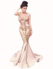  Mermaid Scoop With Train Zipper Prom Party Dress Peach for Prom with Beading Brush Train