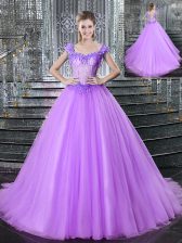 Exceptional Straps Sleeveless Quinceanera Gowns With Brush Train Beading and Appliques Lilac Tulle