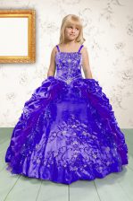  Sleeveless Satin Floor Length Lace Up Little Girls Pageant Dress Wholesale in Royal Blue with Beading and Appliques and Pick Ups