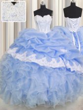  Light Blue Organza Lace Up Vestidos de Quinceanera Sleeveless Floor Length Beading and Appliques and Ruffled Layers