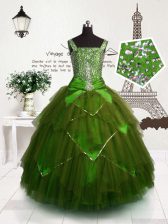 Glorious Olive Green Straps Lace Up Beading and Belt Little Girls Pageant Dress Wholesale Sleeveless