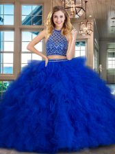  Halter Top Royal Blue Two Pieces Beading and Ruffles Sweet 16 Dresses Backless Tulle Sleeveless