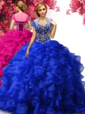  Royal Blue Lace Up Sweetheart Beading and Ruffles Sweet 16 Quinceanera Dress Organza Sleeveless