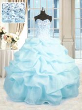 Artistic Baby Blue Sleeveless Floor Length Beading and Ruffles Lace Up Quinceanera Dress