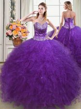 Flirting Ball Gowns Quinceanera Dresses Eggplant Purple Sweetheart Tulle Sleeveless Floor Length Lace Up
