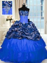 Spectacular Printed Sequins Floor Length Blue Sweet 16 Dress Strapless Sleeveless Lace Up