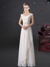 Stylish White Chiffon Zipper Dama Dress for Quinceanera Cap Sleeves Floor Length Lace and Bowknot