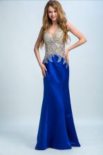  Floor Length Royal Blue Prom Evening Gown V-neck Sleeveless Backless