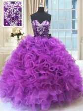  Beading and Ruffles Ball Gown Prom Dress Eggplant Purple Lace Up Sleeveless Floor Length