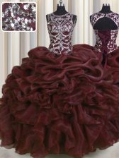 Vintage See Through Burgundy Sleeveless Beading and Pick Ups Floor Length Sweet 16 Quinceanera Dress