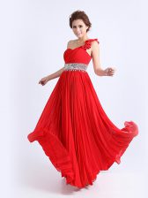  Pleated Floor Length Red Evening Dress One Shoulder Sleeveless Zipper