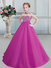 Beautiful Halter Top Floor Length Ball Gowns Sleeveless Fuchsia Child Pageant Dress Lace Up