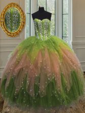 Lovely Sequins Sweetheart Sleeveless Lace Up Quince Ball Gowns Multi-color Tulle