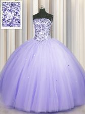  Puffy Skirt Lavender Ball Gowns Strapless Sleeveless Tulle Floor Length Lace Up Beading and Sequins Quinceanera Dresses