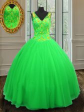 Stylish Sleeveless Tulle Floor Length Zipper Quince Ball Gowns in Green with Beading