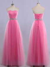  Rose Pink Empire Sweetheart Sleeveless Tulle Floor Length Lace Up Beading Prom Gown