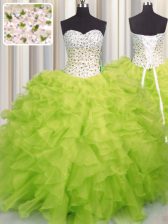 Romantic Sleeveless Floor Length Beading and Ruffles Lace Up Quinceanera Gowns with Yellow Green