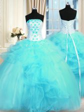 Elegant Aqua Blue Tulle Lace Up Sweet 16 Quinceanera Dress Sleeveless Floor Length Pick Ups and Hand Made Flower