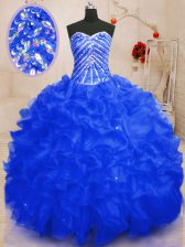 Most Popular Royal Blue Ball Gowns Organza Sweetheart Sleeveless Beading and Ruffles and Sequins Floor Length Lace Up Quinceanera Gowns