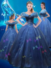 Unique Cinderella Off the Shoulder Tulle Sleeveless Floor Length 15th Birthday Dress and Beading and Bowknot