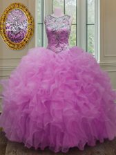  Floor Length Fuchsia Ball Gown Prom Dress Scoop Sleeveless Lace Up