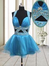 Inexpensive Halter Top Baby Blue Sleeveless Organza Backless Prom Dress for Prom and Party