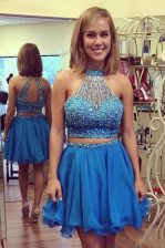  Blue Zipper Halter Top Beading Prom Dress Organza Sleeveless