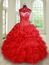  See Through Organza High-neck Sleeveless Lace Up Beading and Ruffles and Pick Ups Quinceanera Gowns in Red