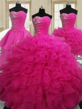 Amazing Four Piece Hot Pink Zipper Sweetheart Beading Quinceanera Gown Organza Sleeveless