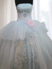  Light Blue Sleeveless Floor Length Appliques and Hand Made Flower Lace Up Sweet 16 Dress