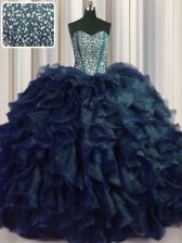  Visible Boning Bling-bling Sleeveless Brush Train Lace Up With Train Beading and Ruffles 15 Quinceanera Dress
