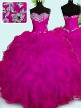  Fuchsia Ball Gowns Sweetheart Sleeveless Organza Floor Length Lace Up Beading and Ruffles 15 Quinceanera Dress