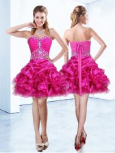 Discount Hot Pink Ball Gowns Sweetheart Sleeveless Organza Mini Length Lace Up Beading and Ruffles and Pick Ups Dress for Prom