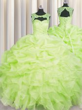  Scoop Yellow Green Lace Up Vestidos de Quinceanera Beading and Pick Ups Sleeveless Floor Length