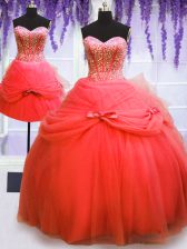 Elegant Three Piece Coral Red Ball Gowns Sweetheart Sleeveless Tulle Floor Length Lace Up Beading and Bowknot Quinceanera Dresses