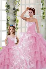  Ruffled Floor Length Ball Gowns Sleeveless Rose Pink 15th Birthday Dress Lace Up
