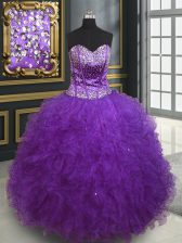  Eggplant Purple Tulle Lace Up Sweetheart Sleeveless Floor Length Quince Ball Gowns Beading and Ruffles