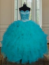 Hot Sale Teal Lace Up Ball Gown Prom Dress Beading and Ruffles Sleeveless Floor Length