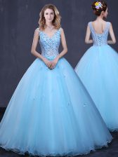  V-neck Sleeveless Lace Up Ball Gown Prom Dress Light Blue Tulle