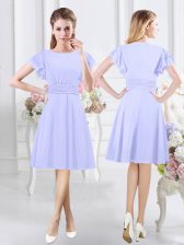  Scoop Lavender Side Zipper Dama Dress for Quinceanera Ruching Short Sleeves Knee Length